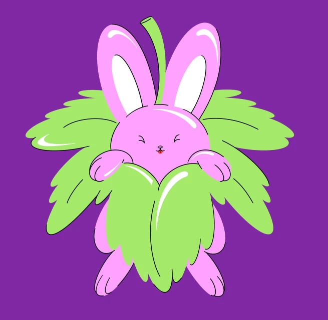 Cartoon style illustration of a pink rabbit with green leaves against a purple background. Kid-friendly design for web or print.