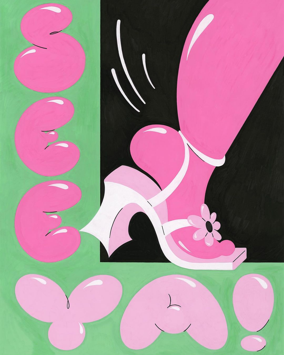 Illustration of a pink woman's leg and foot wearing a pink high heel on a black background, with pink text on a light green background.