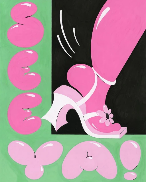 Illustration of a pink woman's leg and foot wearing a pink high heel on a black background, with pink text on a light green background.