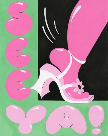 Illustration of a pink woman's leg and foot wearing a pink high heel on a black background, with pink text on a light green background.