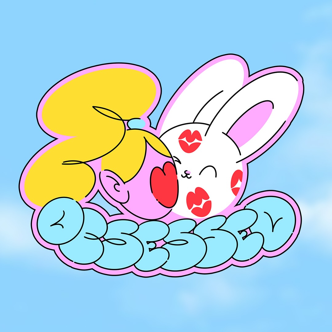 Illustration of a blonde girl and a white rabbit with kiss mark graphics on blue sky background with 'Obsessed' text graphic.