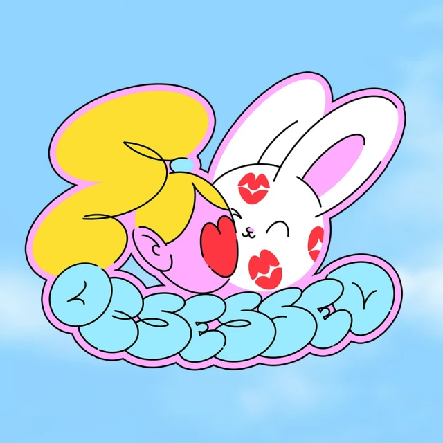 Illustration of a blonde girl and a white rabbit with kiss mark graphics on blue sky background with 'Obsessed' text graphic.