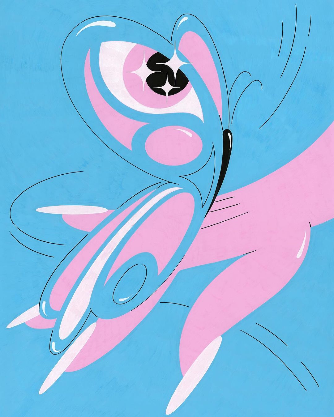 Stylized art illustration of a light blue butterfly with pink accents, resting on a pink human hand with white fingernails on a blue background.