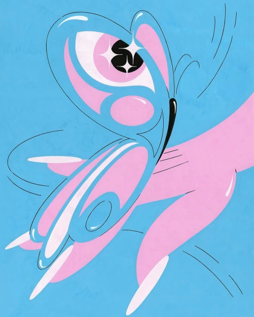 Stylized art illustration of a light blue butterfly with pink accents, resting on a pink human hand with white fingernails on a blue background.