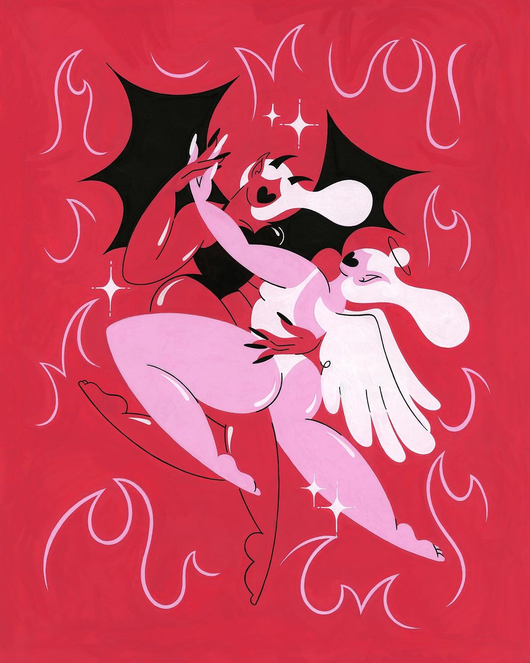 Illustration featuring an angel and a devil in an embrace on a red background with stylized flames, creating a visually striking contrast.