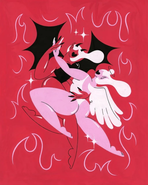 Illustration featuring an angel and a devil in an embrace on a red background with stylized flames, creating a visually striking contrast.