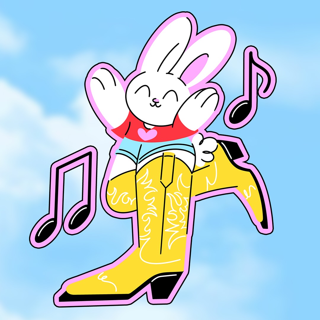 Cute cartoon rabbit illustration wearing yellow cowboy boots, a red shirt with a pink heart, and dancing with musical notes against a blue sky.