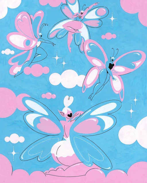 Fantasy art featuring four winged humanoids with blue and pink butterfly wings against a blue, white, and pink cloudscape.