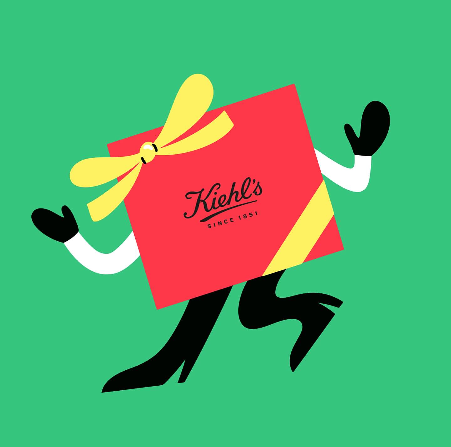 Cartoon gift box with Kiehl's logo, animated with arms and legs, walking on a green background. Beauty and skincare illustration.