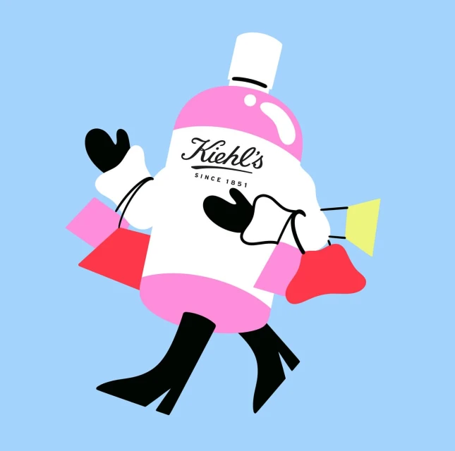 Illustrated Kiehl's product bottle with arms, legs, and shopping bags against a blue background. Beauty and shopping concept.