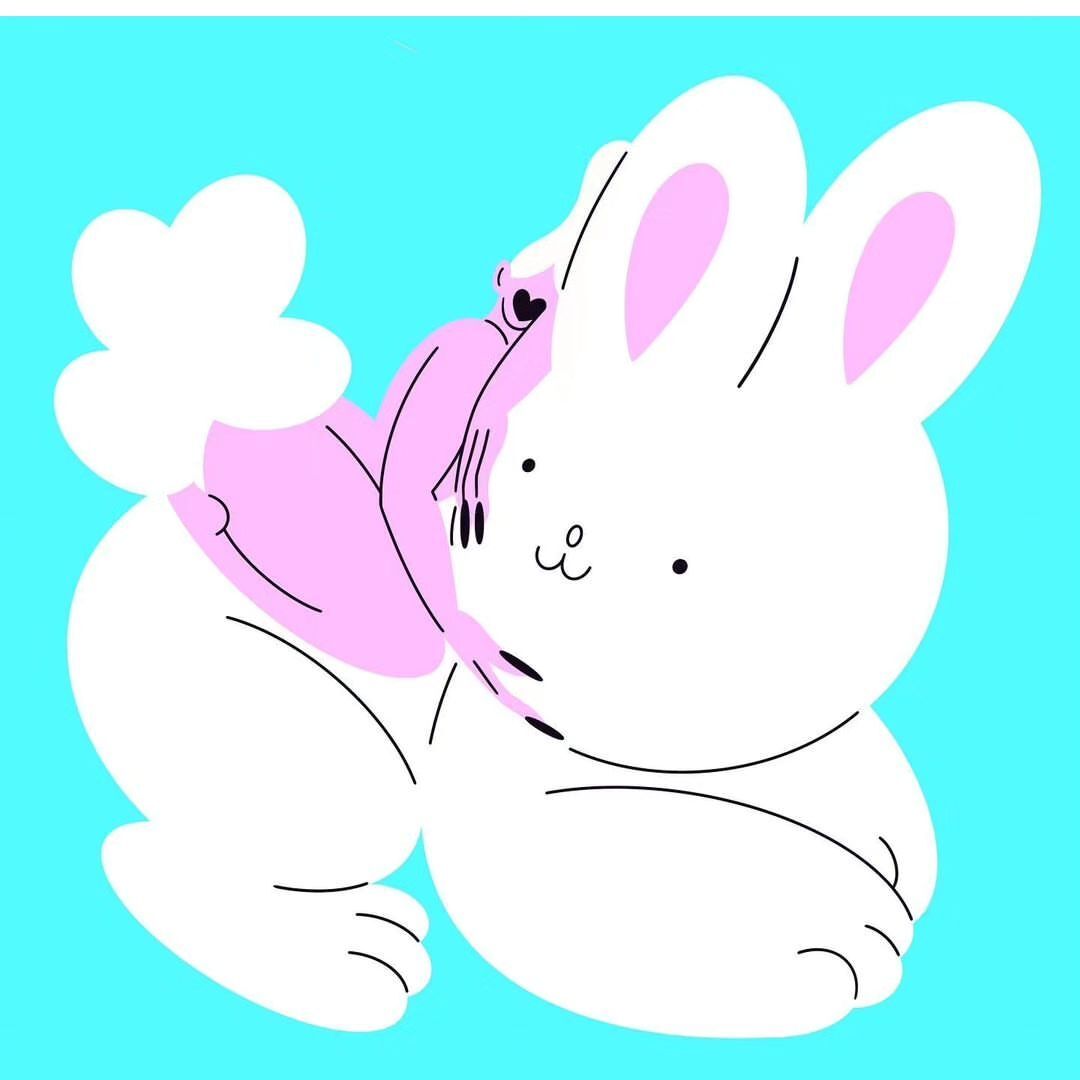 Illustration of a person with a heart face lying on a large white cartoon bunny with a pink background on a light blue background.