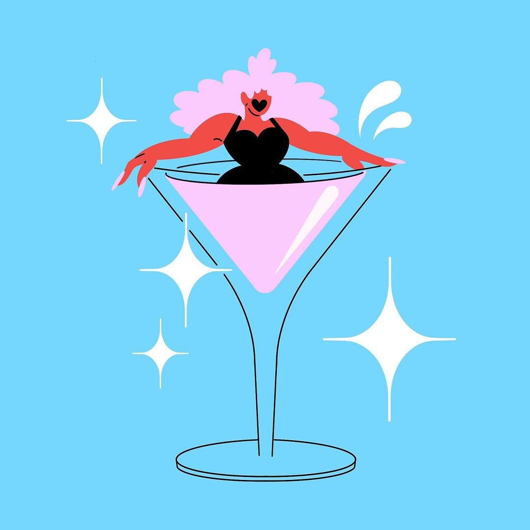 Illustration of an adult woman in a black bathing suit relaxing inside a large martini glass, surrounded by white starbursts on blue.