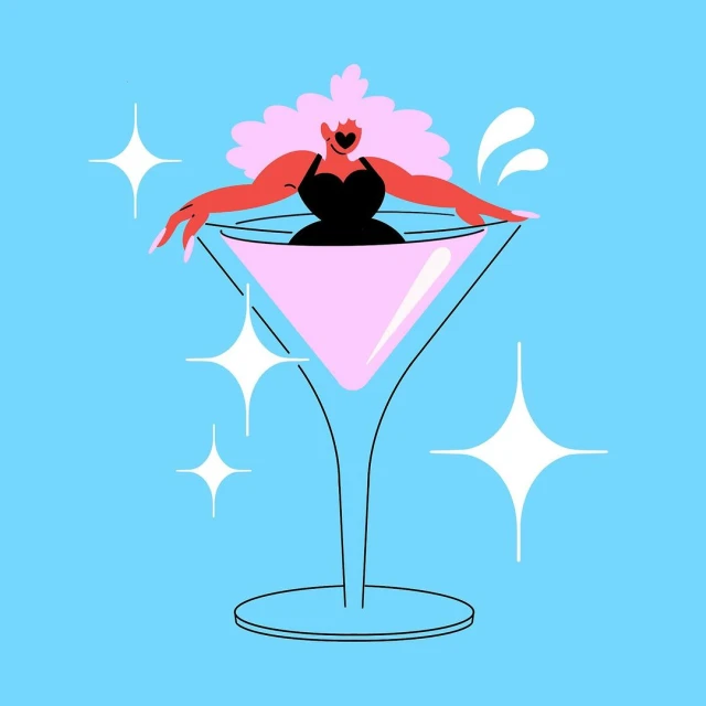 Illustration of an adult woman in a black bathing suit relaxing inside a large martini glass, surrounded by white starbursts on blue.