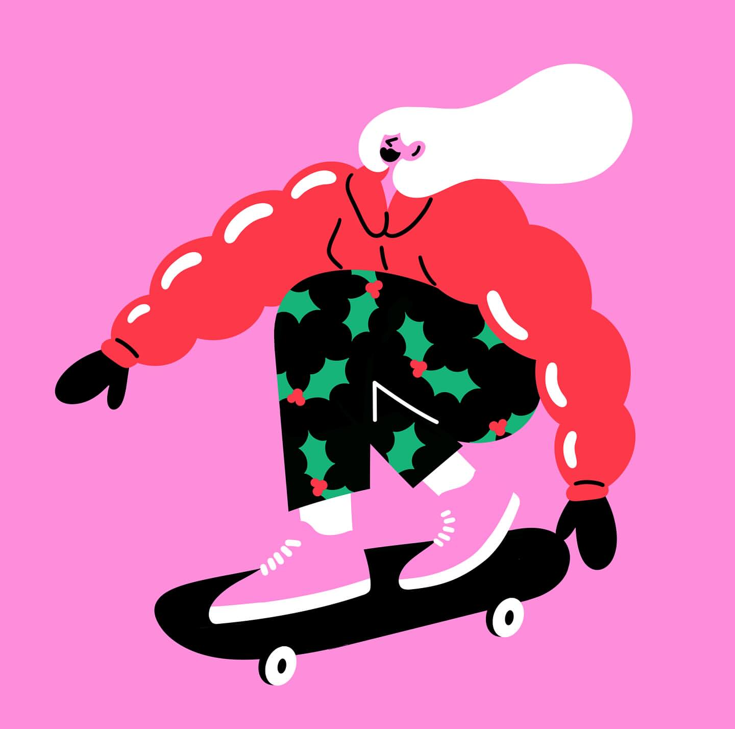 Stylized vector illustration of a person with white hair skateboarding against a solid pink background, wearing festive winter clothing.