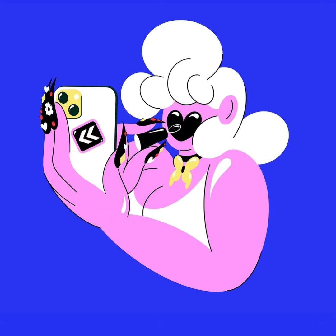 Stylized cartoon image of a pink-skinned character with white hair taking a selfie with a modern smartphone against a blue background.