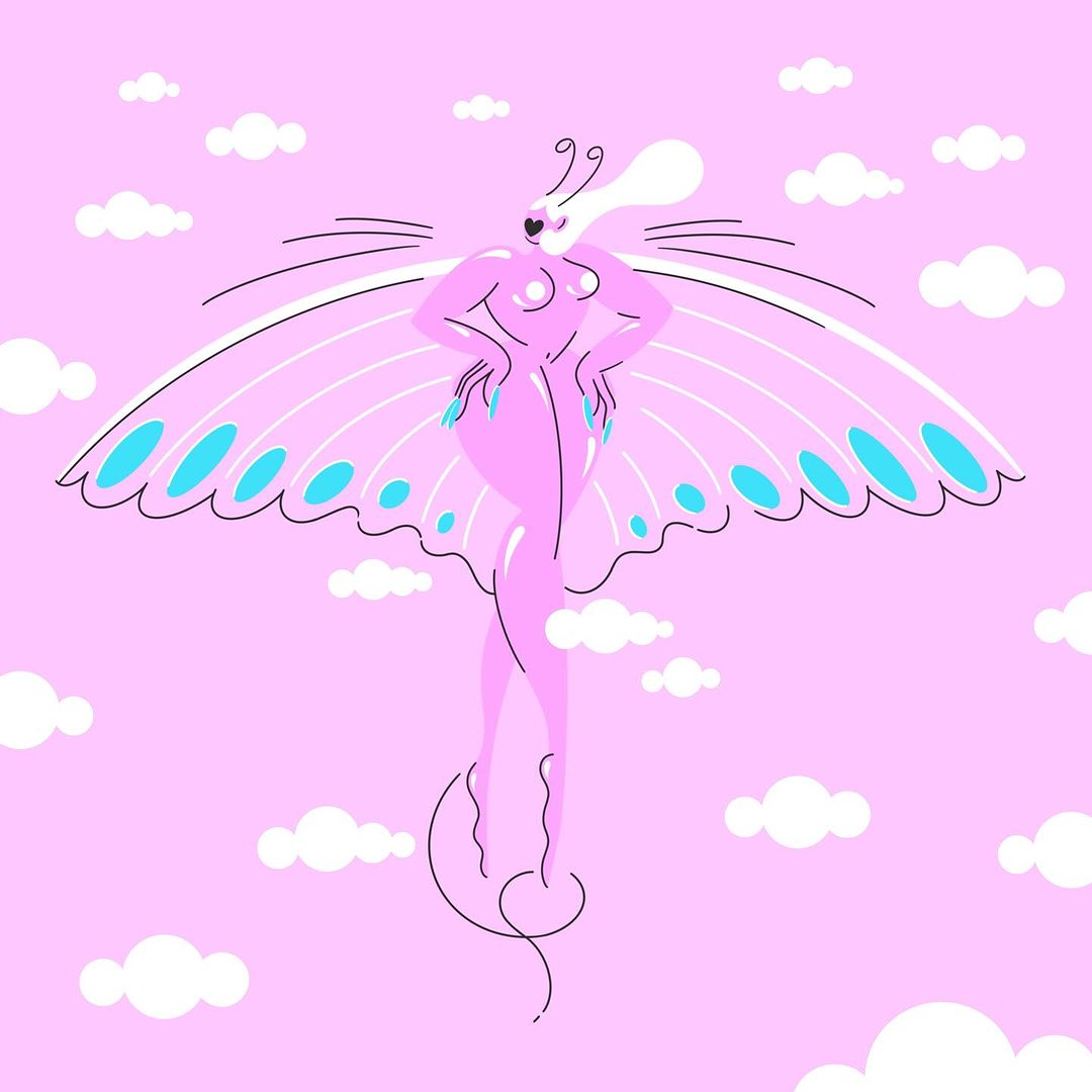Illustration of a nude woman with butterfly wings posing in a pink sky with fluffy white clouds, rendered in bright, flat vector style.