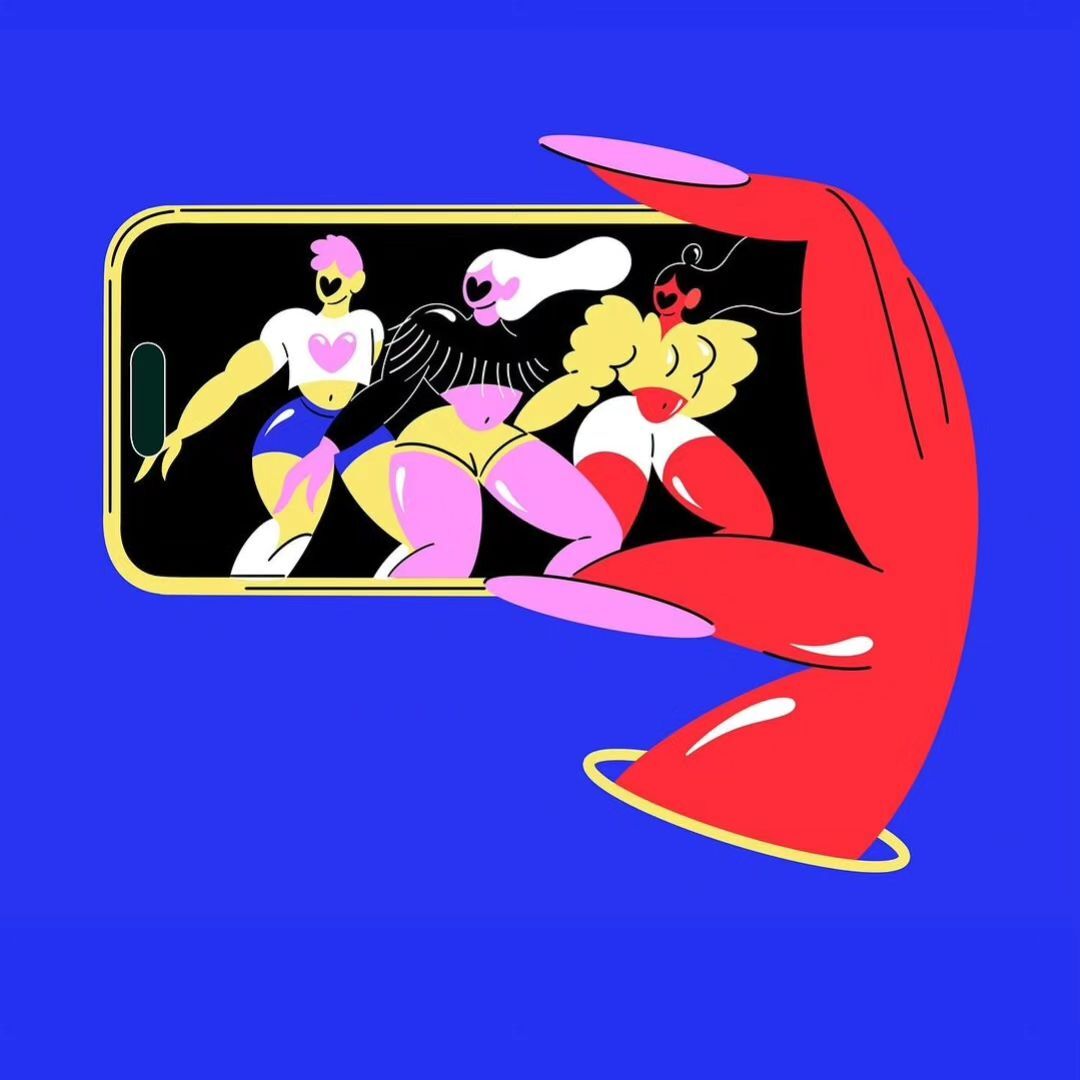 Illustration of three cartoon women on a smartphone screen, held by a red hand, against a blue background, in a graphic art style.