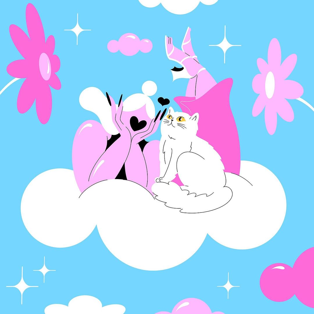 Illustration of a woman lying on a cloud with a white cat, hearts, and pink flowers against a bright blue sky, with cartoonish style.