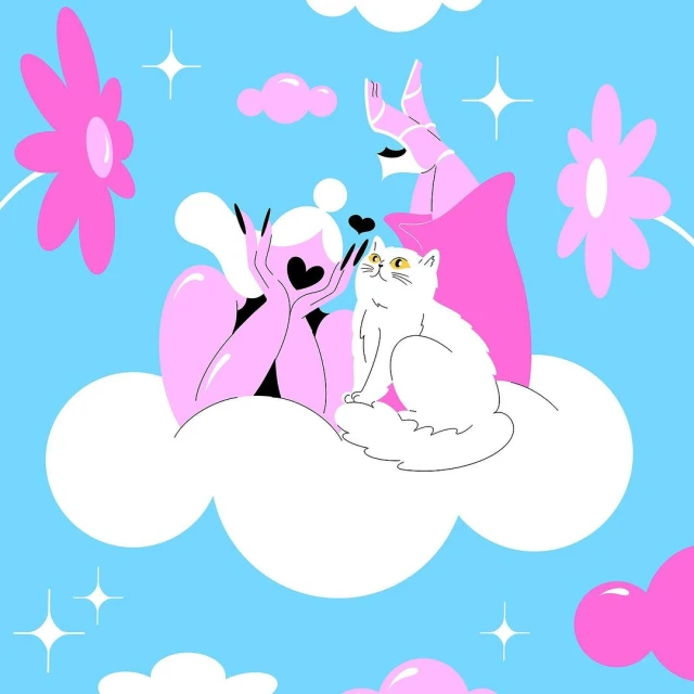 Illustration of a woman lying on a cloud with a white cat, hearts, and pink flowers against a bright blue sky, with cartoonish style.