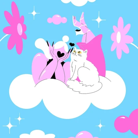 Illustration of a woman lying on a cloud with a white cat, hearts, and pink flowers against a bright blue sky, with cartoonish style.