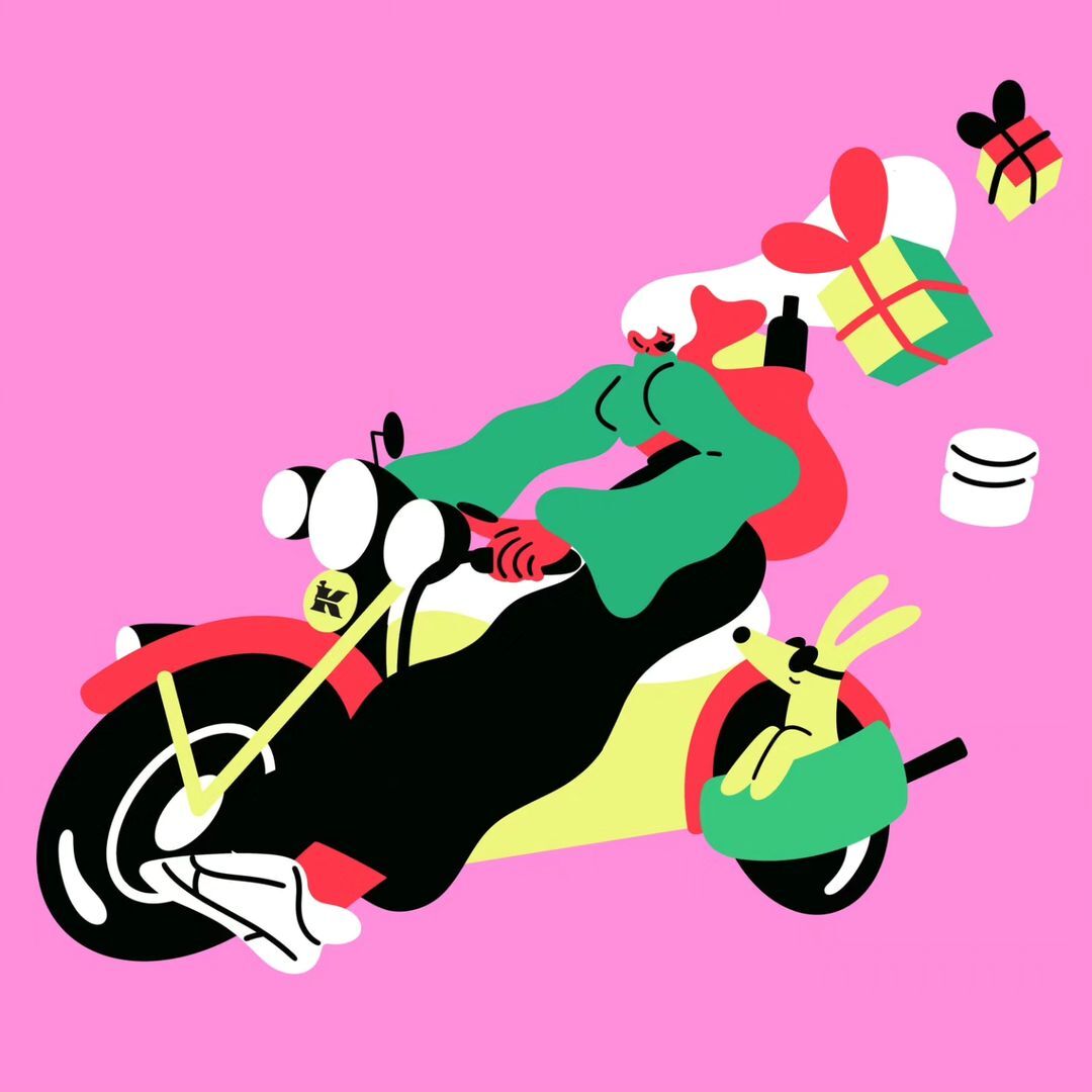Illustrated cartoon artwork of a human on a motorcycle alongside a dog, with floating gift boxes against a pink background.