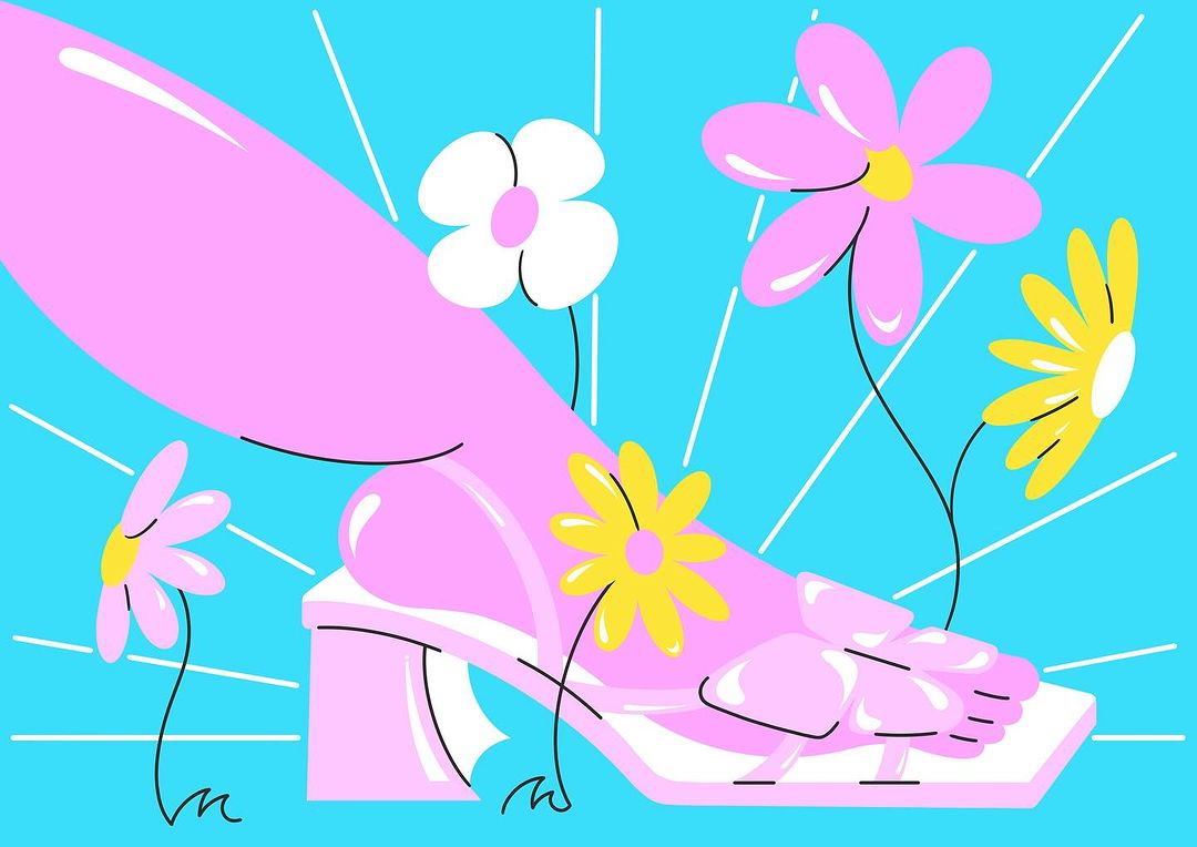 Illustration of a pink leg in a sandal surrounded by flowers on a bright blue background with linear light rays emanating outwards.