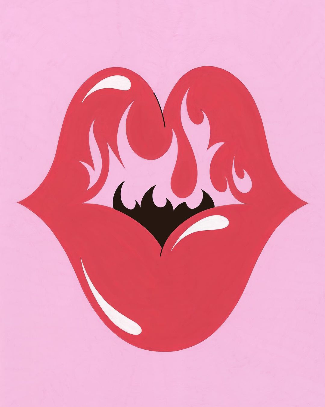 Illustration of red lips with white highlights and stylized fire flames inside the mouth on a pink background, art.