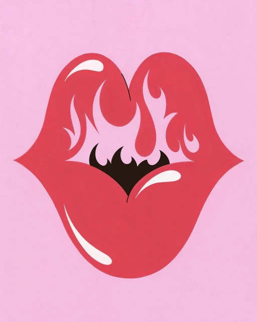 Illustration of red lips with white highlights and stylized fire flames inside the mouth on a pink background, art.