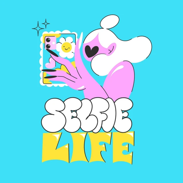 Illustration of a stylish woman taking a selfie with a daisy-decorated phone, set against a bright blue background with 'Selfie Life' text.