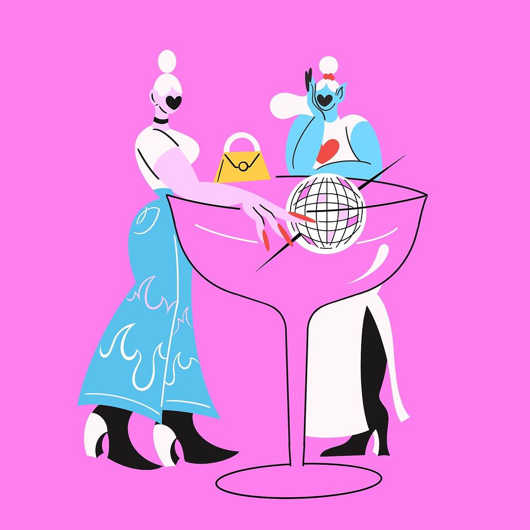 Vector illustration with two stylized figures in fashionable outfits standing near a giant cocktail glass with a disco ball.