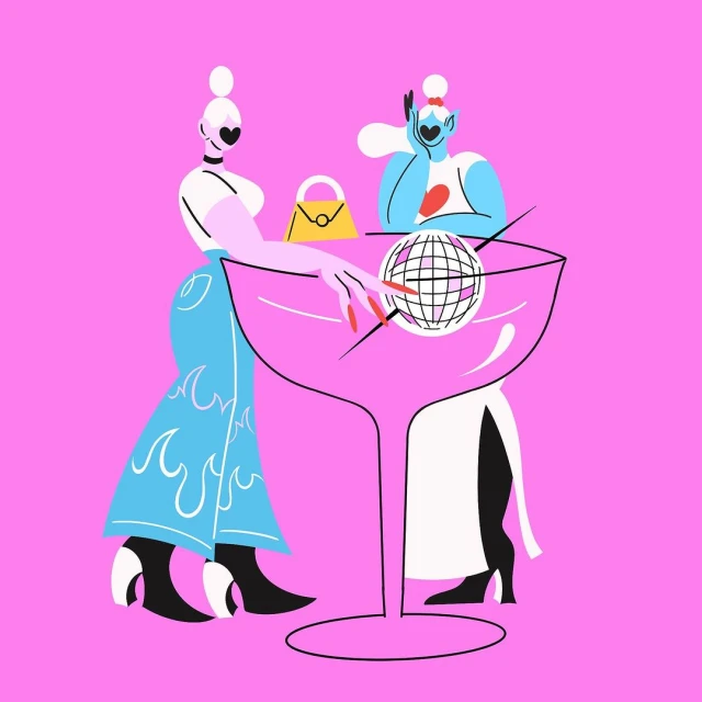 Vector illustration with two stylized figures in fashionable outfits standing near a giant cocktail glass with a disco ball.