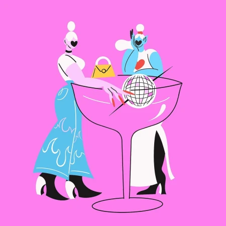 Vector illustration with two stylized figures in fashionable outfits standing near a giant cocktail glass with a disco ball.