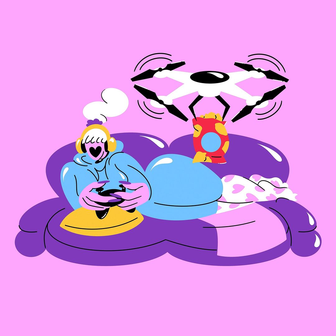 Illustration of a person lying on a couch playing a game, while a drone delivers a snack, on a pink background.