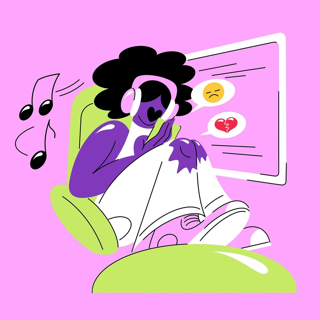 Illustration of a person with headphones sitting in a chair, using a mobile phone, with music notes and emojis in the background.