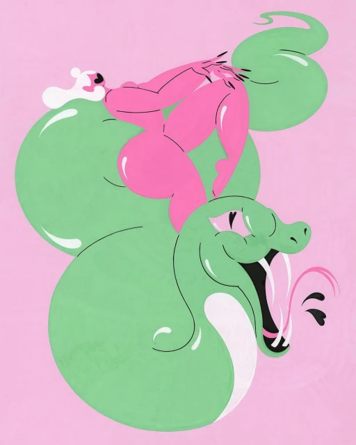 Illustration of a pink figure reclining on a large, green cartoon snake against a pink backdrop, showcasing a whimsical and imaginative design.