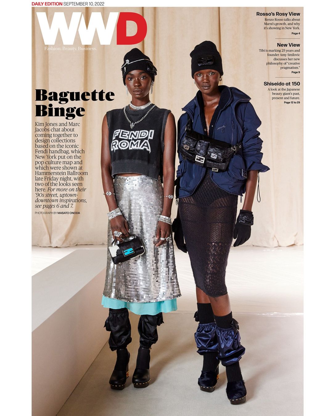 Two Black fashion models in WWD cover editorial, wearing designer clothing and accessories; studio shot with copy, September 10, 2022.