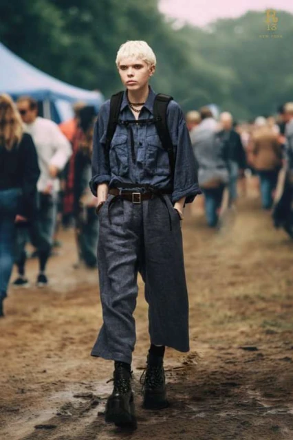 Person walks on a dirt road surrounded by blurred people and trees. They are wearing a blue shirt, grey pants, and black boots.