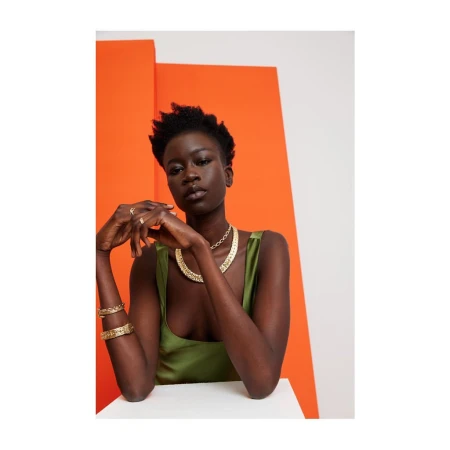 Black woman wearing a green silk top and gold jewellery against an orange and white studio background