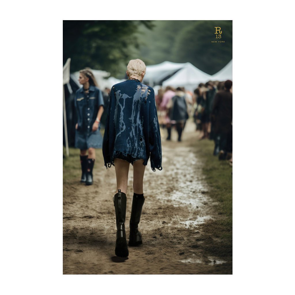 Runway fashion show featuring a model wearing a distressed blue sweater and boots, walking down a dirt path with an audience in the background.