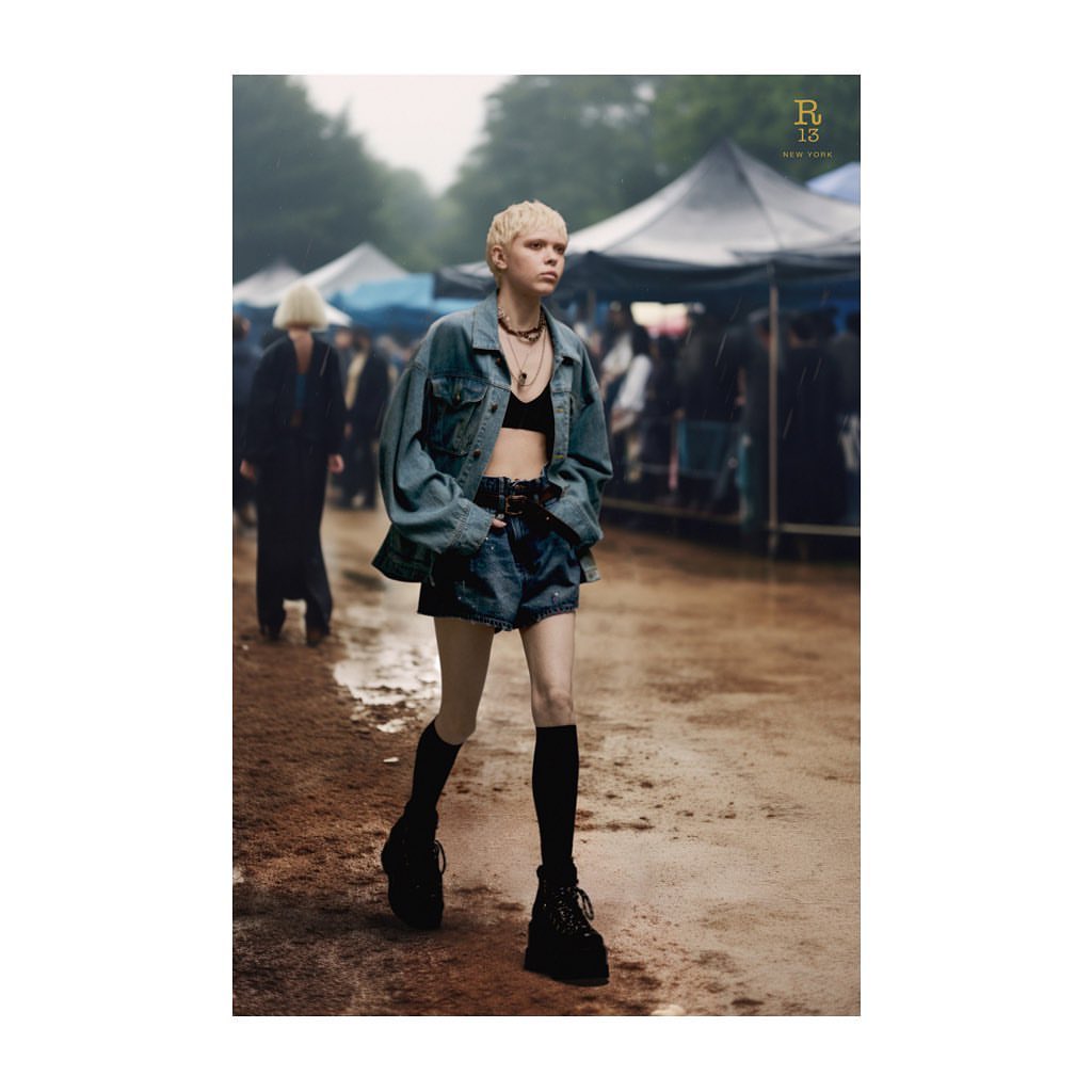 A young adult woman with short blonde hair, wearing a denim jacket and black bra top, stands on a wet street at an outdoor fashion event.