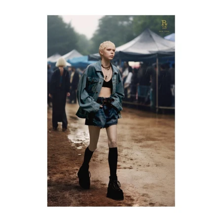 A young adult woman with short blonde hair, wearing a denim jacket and black bra top, stands on a wet street at an outdoor fashion event.
