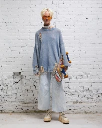 Model with blonde hair wearing a distressed blue sweater and wide-leg jeans holding a skateboard against a white painted brick wall.