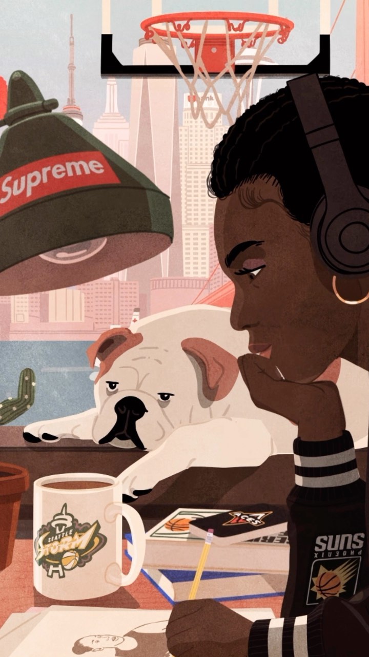 Illustration of a dark-skinned woman drawing with a dog, Supreme lamp, mug, and basketball hoop; city buildings in the background.
