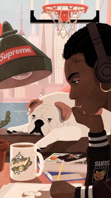 Illustration of a dark-skinned woman drawing with a dog, Supreme lamp, mug, and basketball hoop; city buildings in the background.