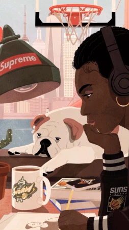Illustration of a dark-skinned woman drawing with a dog, Supreme lamp, mug, and basketball hoop; city buildings in the background.