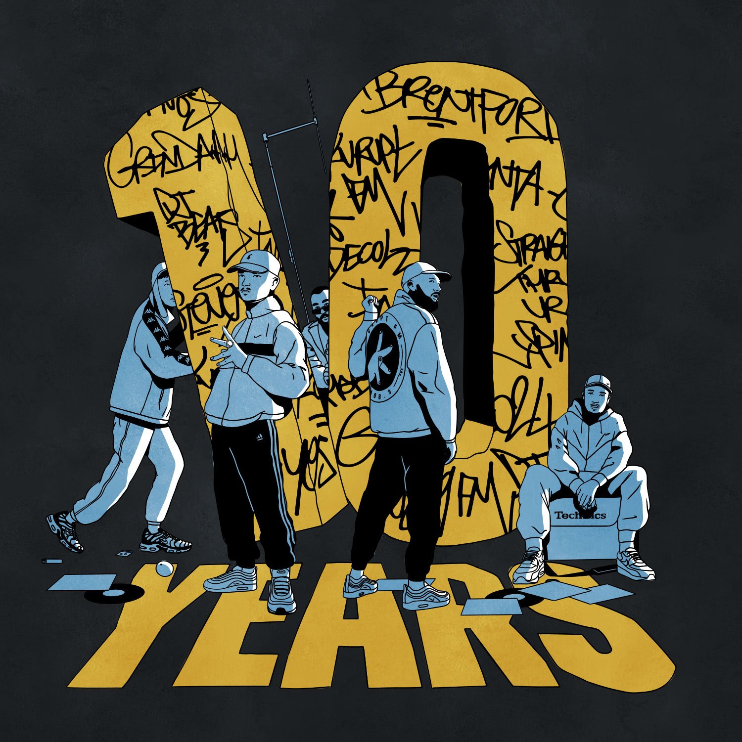 Illustration of five adults in streetwear with baseball caps, standing in front of yellow graffiti numbers on a dark gray background.