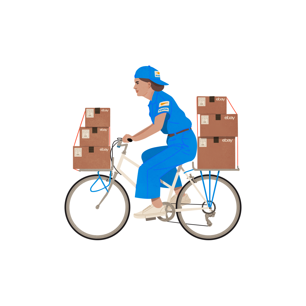 Illustration of a delivery woman on a bicycle, carrying packages labeled 'eBay' on front and rear racks, against a black background.