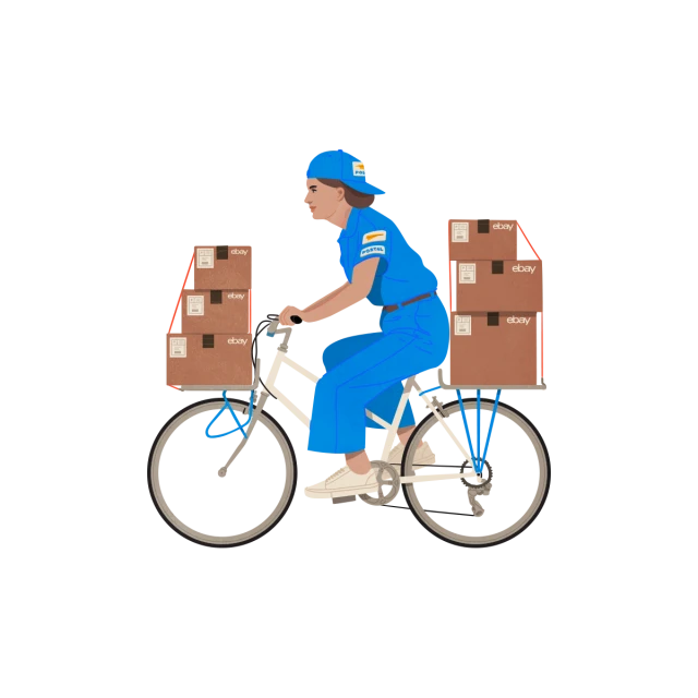 Illustration of a delivery woman on a bicycle, carrying packages labeled 'eBay' on front and rear racks, against a black background.