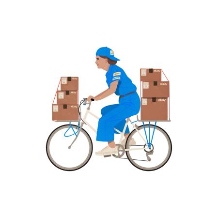 Illustration of a delivery woman on a bicycle, carrying packages labeled 'eBay' on front and rear racks, against a black background.