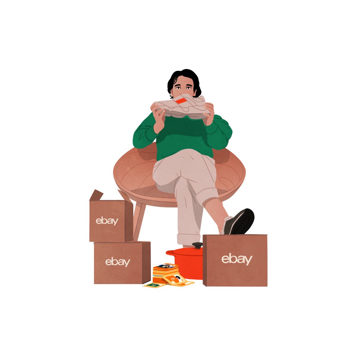 Illustration of a person in a chair holding sneakers, surrounded by eBay boxes, cash, and a pot on a black background.